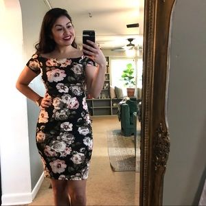 Snap black floral midi dress, off shoulder sleeves